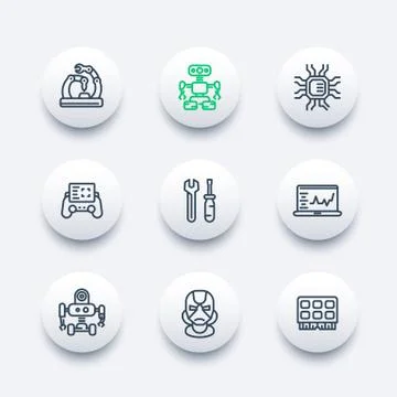 Robotics, mechanical engineering, robots, microelectronics line icons set Stock Illustration