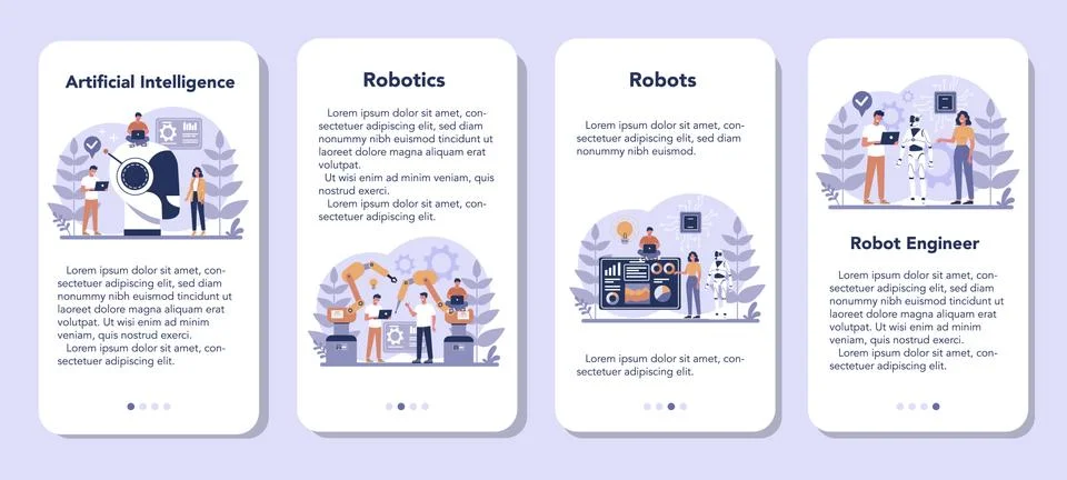 Robotics mobile application banner set. Robot engineering Illustrazione stock