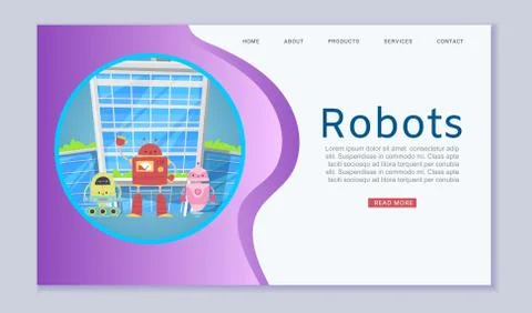 Robotics online lessons with cute robots and transformers website template for Stock Illustration
