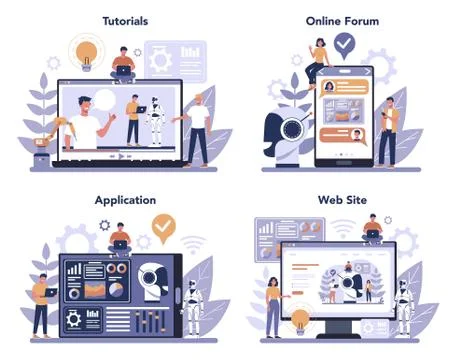 Robotics online service or platform set. Robot engineering 스톡 일러스트