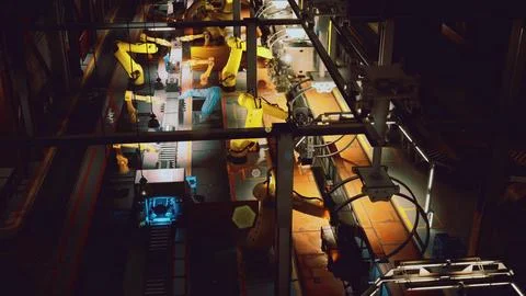 Robotics operate efficiently in a manufacturing facility during nighttime Stock Illustration