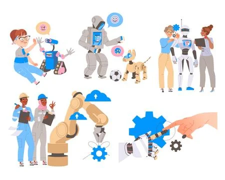 Robotics Programming with Engineer Characters Engaged in Artificial Intelligence イラスト素材