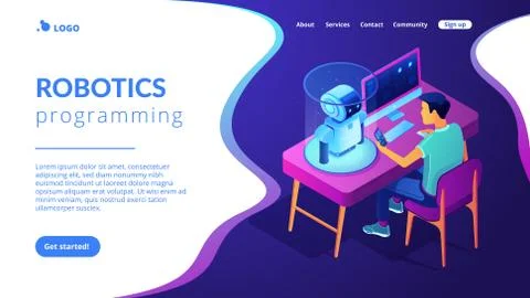 Robotics programming isometric3D landing page. Stock Illustration