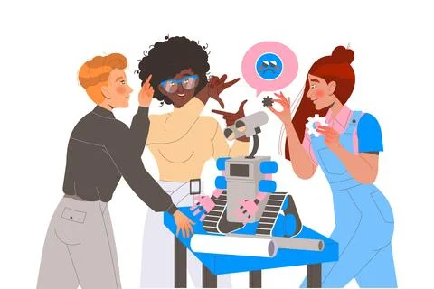 Robotics Programming with Man and Woman Engineer Character Configuring Robot Stock Illustration