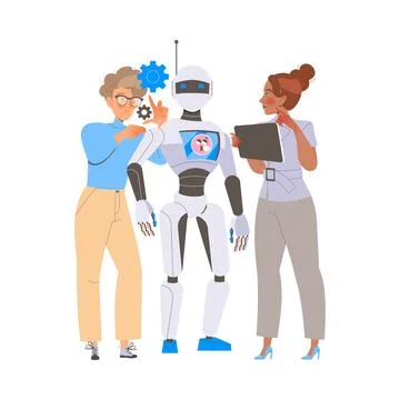 Robotics Programming with Man and Woman Engineer Character Configuring Robot 스톡 일러스트