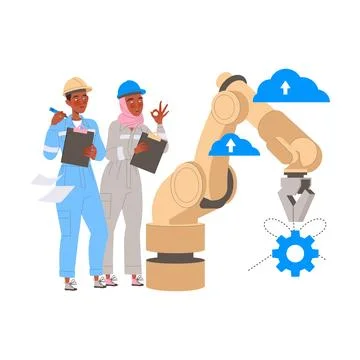Robotics Programming with Man and Woman Engineer Character Configuring Robotic Stock Illustration