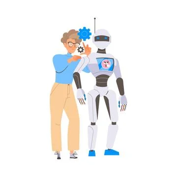 Robotics Programming with Man Engineer Character Configuring Robot Vector Stock Illustration