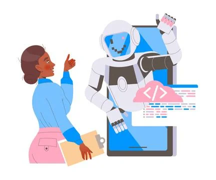 Robotics Programming with Woman Engineer Character and Robot Showing Thumb Up Stock Illustration
