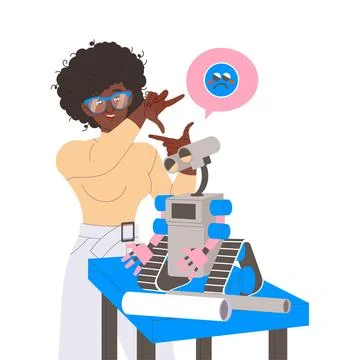 Robotics Programming with Woman Engineer Character Configuring Robot Vector 스톡 일러스트