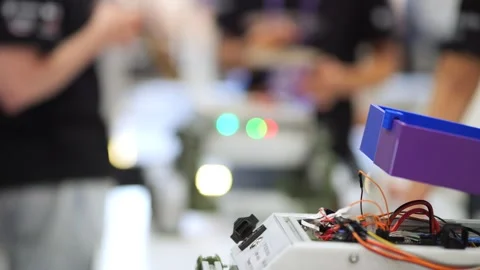 Robotics project setup with visible circuitry and blinking LEDs Stock Footage 344978285