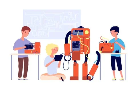 Robotics. Robots presentation, school engineering technology. Children showing 스톡 일러스트