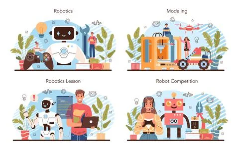 Robotics school course concept set. Robotic engineering and constructing lesson Stockillustratie