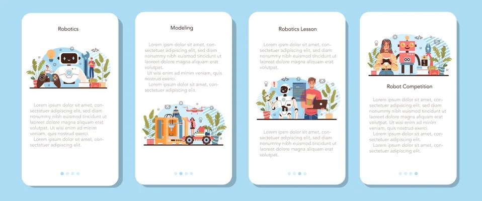 Robotics school course mobile application banner set. Robotic engineering Stock Illustration