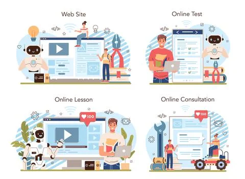 Robotics school course online service or platform set. Robotic engineering 库存插图