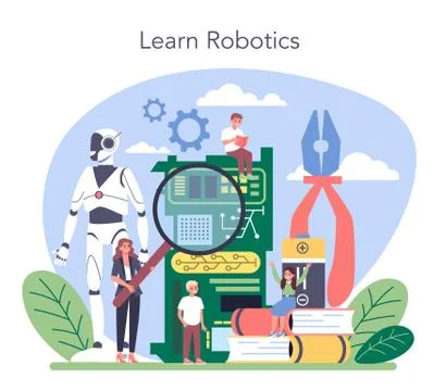 Robotics school subject concept. Robot engineering and programming 스톡 일러스트