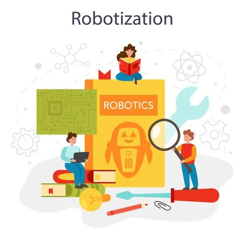 Robotics school subject concept. Robot engineering and programming 스톡 일러스트