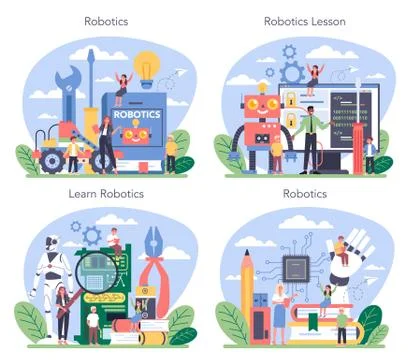 Robotics school subject concept set. Robot engineering and programming 스톡 일러스트