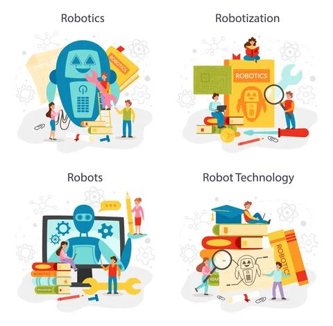 Robotics school subject concept set. Robot engineering and programming イラスト素材