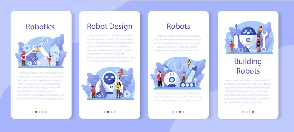 Robotics school subject mobile application banner set. Robot 스톡 일러스트