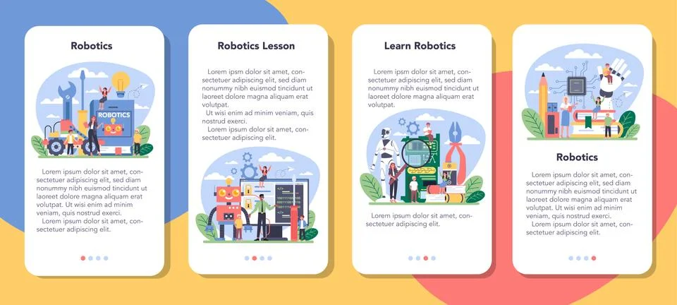 Robotics school subject mobile application banner set. Robot 스톡 일러스트