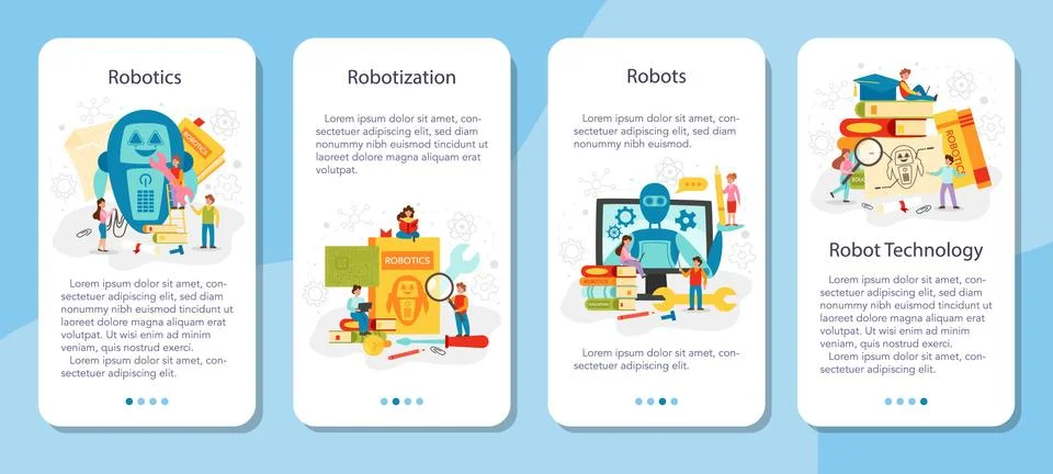 Robotics school subject mobile application banner set. Robot engineering イラスト素材