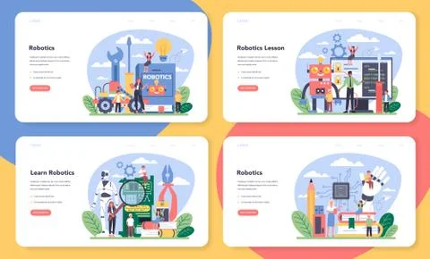 Robotics school subject web banner or landing page set. Robot Illustrazione stock