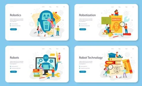Robotics school subject web banner or landing page set. Robot engineering 스톡 일러스트