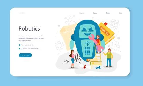 Robotics school subject web banner or landing page. Robot engineering Illustrazione stock