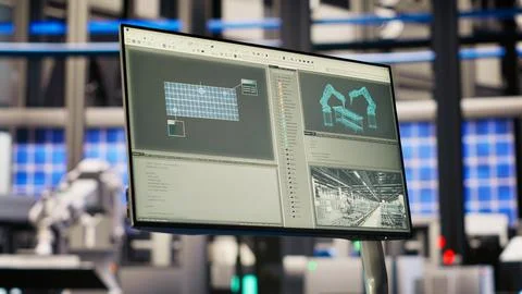 Robotics software on screen in smart factory used to inspect machinery Stock Photos