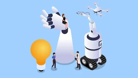 Robotics Technology Concept with Giant Robot Hand Drone and Research Team 3.. Stock Footage 337954699