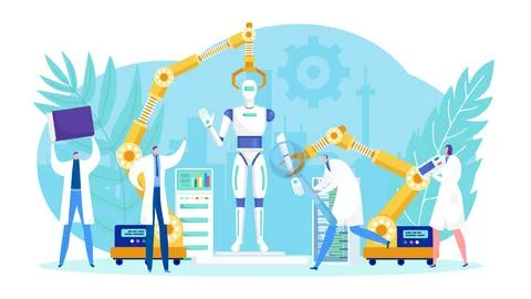 Robotics technology design by people team concept vector illustration. Flat Illustrazione stock