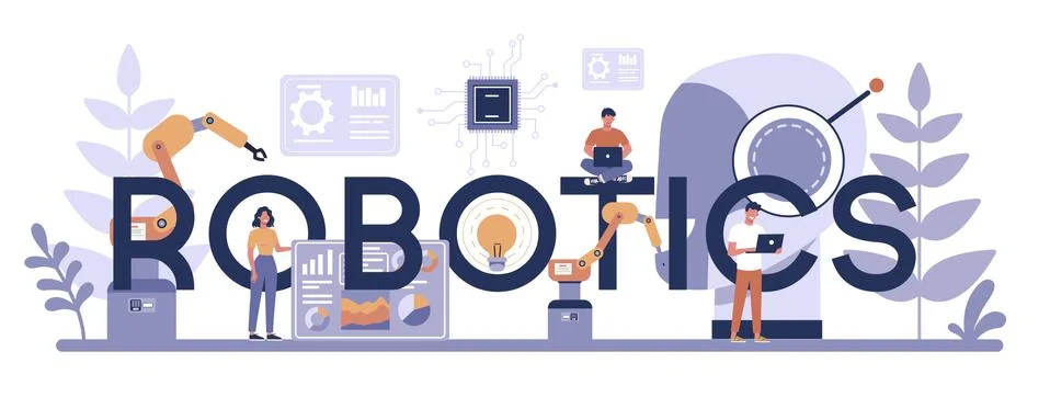 Robotics typographic header concept. Robot engineering and programming. Illustrazione stock