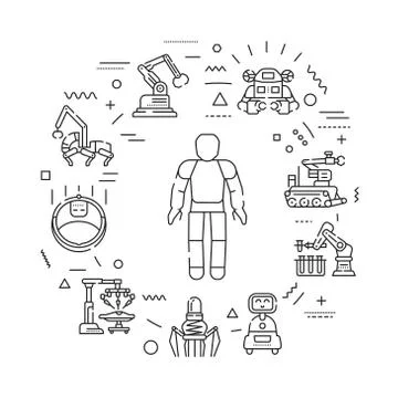 Robotics web banner. Innovation in technology. Assistants for people in diffe Stock Illustration
