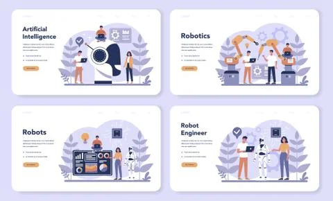 Robotics web banner or landing page set. Robot engineering Stock Illustration