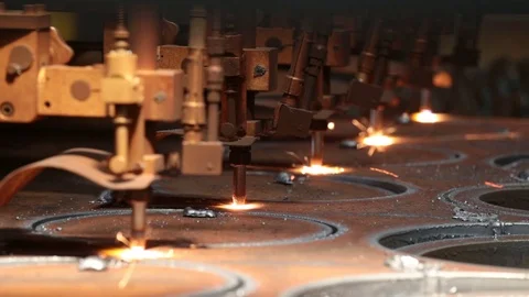 Robotics work in production line of car parts at factory Metal cutting, sparks Stockbeeldmateriaal 80973532