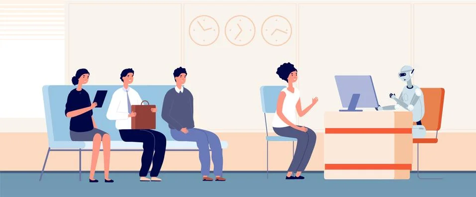 Robotization. Robot serve customers, android bank worker. People waiting line to Illustrazione stock