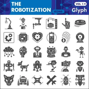 Robotization solid icon set, robot symbols collection or sketches. Artificial Stock Illustration