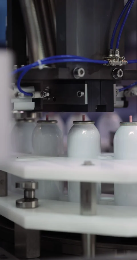 Robotized machine attaches buttons to anti-pest spray bottle on moving conveyor Stock Footage 346225989