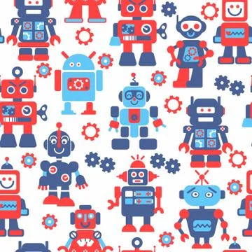 Robotrs color seamless pattern on white background. Stock Illustration