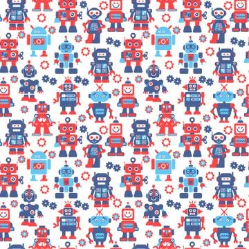 Robotrs color seamless pattern on white background. Stock Illustration