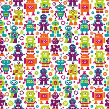 Robotrs color seamless pattern on white background. Stock Illustration