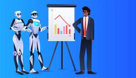 Robots with african american businessman analyzing financial statistics data on Stock Illustration