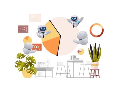 Robots analyzing statistics data on diagram business report presentation Illustrazione stock