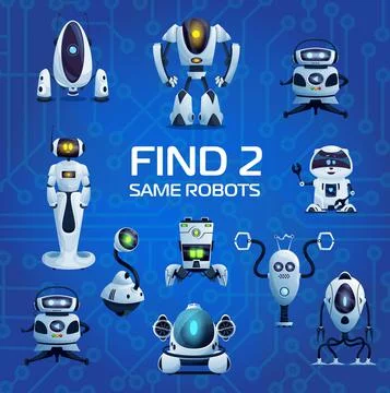 Robots and droids find two same game vector riddle Stock Illustration