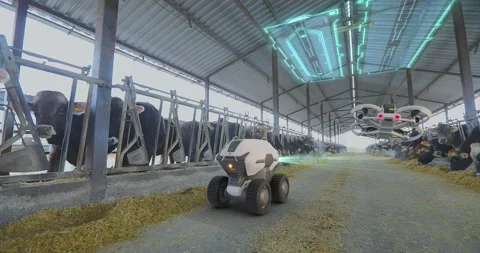 Robots and drones with artificial intelligence work on a large automated dairy Vídeos de archivo 330494359