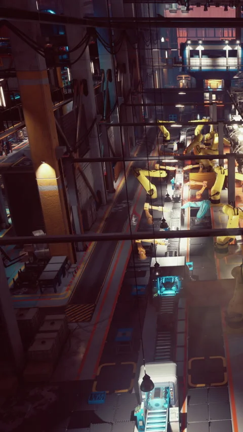 Robots and machines working inside a large factory during daytime hours Stock Footage 342124612