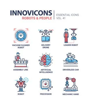 Robots and People - modern vector line design icons set Stock Illustration