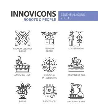 Robots and People - modern vector line design icons set Stock Illustration