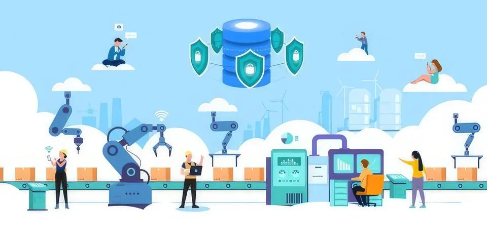 Robots and security shields in a high-tech factory 库存插图
