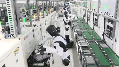 Robots And Technicians Working In A Modern Electronics Factory China Stock Footage 338431402